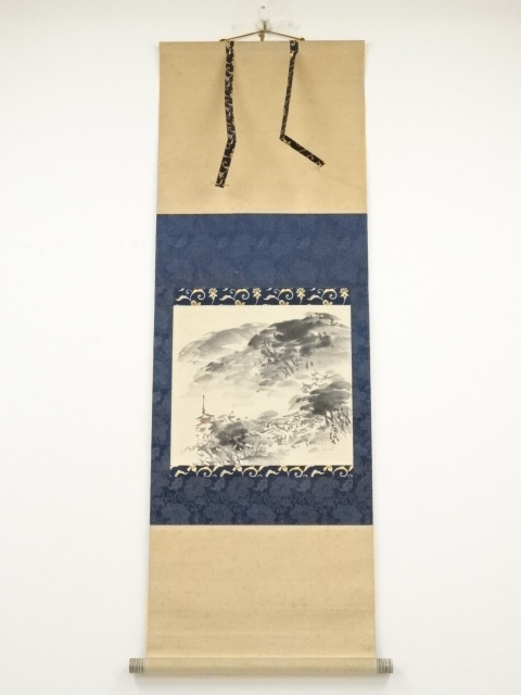 JAPANESE HANGING SCROLL / HAND PAINTED / TEMPLE SCENERY 